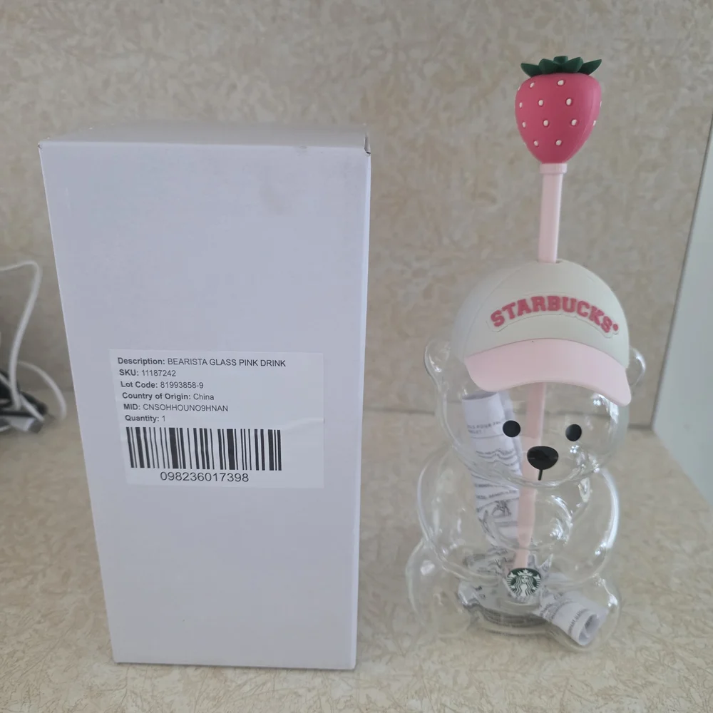 Starbucks Clear Bear Glass with Pink Strawberry Straw